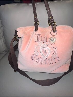 Vintage Juicy Couture Pink Velvet Tote Bag with Brown Straps